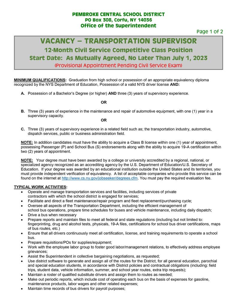 Transportation Supervisor Posting
