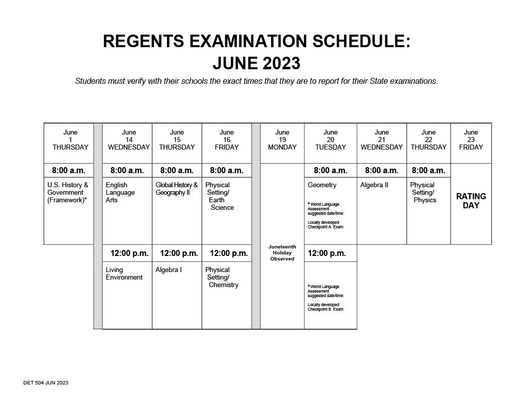 Regents Exam Schedule June 2023